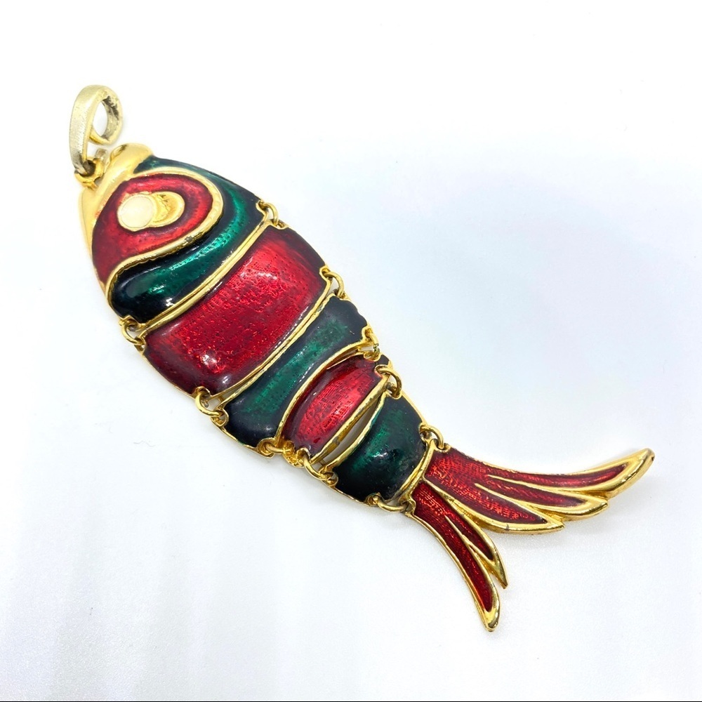 Fish Pendant Articulated Red & Green Vintage Goldtone Necklace